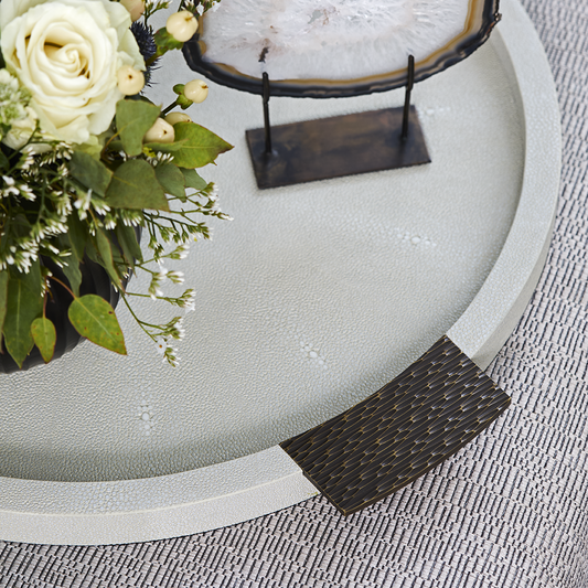 Round Shagreen & Metal Serving Tray - Linen